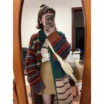 Американский Ретро Полосатый Лацкан Длинный Свитер Кардиган Женское Пальто Осень и Зима K-стиль Свободная Вязка Ленивый Ветер Пальто Color block Cardigan S