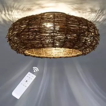 Американский ретро потолочный вентилятор с пультом дистанционного управления, ручной работы из пеньковой веревки, скандинавский потолочный вентилятор, освещение для ресторана, дома, внутреннее освещение Natural white