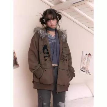 Американский ретро принт большой кардиган пальто женский осень зима новые толстовки с капюшоном Y2k с длинным рукавом на молнии толстовки S коричневый