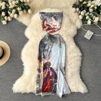 Американский ретро-принт, костюмы из двух предметов, женская мода, тонкий топ без бретелек + эластичная длинная юбка с разрезом, сексуальные пляжные комплекты, модное короткое сексуальное тонкое платье S серый