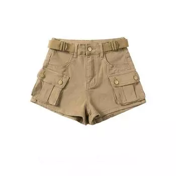 Американский ретро ремень с украшением, высокая талия, большой карман, стильные шорты, длинные брюки цвета хаки, повседневные брюки, шорты XXS чёрный