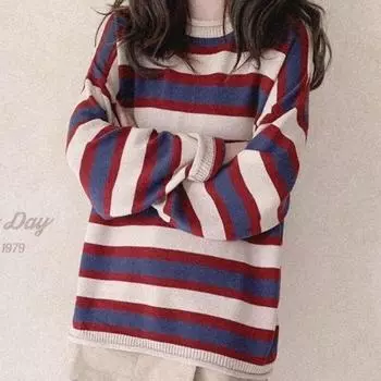 Американский ретро синий красный полосатый вязаный свитер пальто женский весенне-осенний повседневный пуловер с длинным рукавом с круглым вырезом свитер пуловер One Size красный