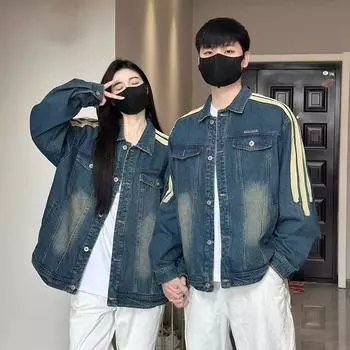 Американский ретро синий выстиранный деним мужская трендовая универсальная хулиганская красивая полосатая куртка куртка для пары S синий