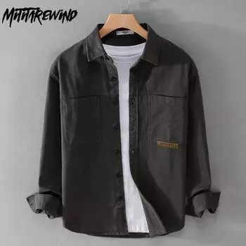 Американский ретро-стиль, рабочая одежда на весну/осень, повседневная мужская одежда, рубашка из чистого хлопка с лацканами, застегивающаяся на пуговицы, однотонная рубашка с длинным рукавом и карманами M чёрный