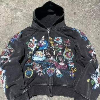 Американский ретро-свитер с капюшоном для мужчин и женщин, парные модели, с принтом черепа и ленивого ветра, с длинными рукавами, на молнии, с капюшоном S