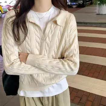 Американский ретро-свитер с ямками для женщин на осень и зиму, новый стиль, ленивый, универсальный, с лацканами, короткий, тонкий свитер S