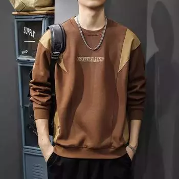 Американский ретро-толстый свитер с цветовым сочетанием, мужская осенняя рубашка с круглым вырезом и длинными рукавами, модная фирменная вышитая повседневная куртка M