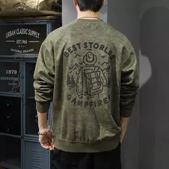 Американский ретро тяжелый замшевый камуфляжный свитер мужской свободный большой размер осенне-зимний трендовый принт с круглым вырезом и длинным рукавом футболка S