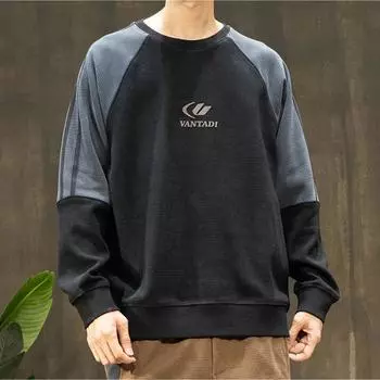 Американский ретро трендовый бренд текстура контрастный цвет дизайн круглый вырез свитер мужской свободный большой размер повседневный толстый топ M темно-серого