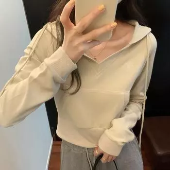 Американский ретро вышитый свитшот с капюшоном для женщин осень-зима новый плотный стиль миниатюрный короткий теплый топ с высокой талией S