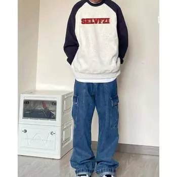 Американский ретро Y2K контрастные рукава реглан круглый вырез капюшон толстовка для мужчин осень и зима INS новый стиль с толстым бархатным верхом M чёрный