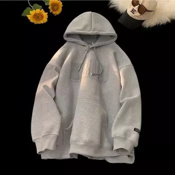 Американский ретро Y2K персонализированная буква толстовка мужская с капюшоном осень и зима новая утолщенная тяжелая жесткая свободная повседневная куртка M чёрный