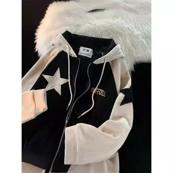 Американский ретро-звезда нашивки дизайн молния толстовка женская новая уличная популярная толстовка Джокер унисекс шитье свободный повседневный топ S чёрный