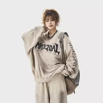 Американский стиль 2024 ретро-печать букв женская толстовка, весна/осень свободный крой, повседневный пуловер с длинным рукавом M