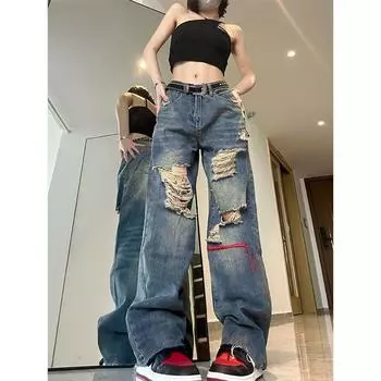 Американский стиль High Street Niche Repair Ripped Jeans Мужские свободные прямые джинсы Vibe Style Ripped Couple S