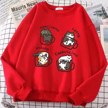 Американский стиль Кофейный кот Милый принт Толстовка Мужская мультяшная уличная одежда принты Толстовки Япония Харадзюку Толстовка Толстовка S