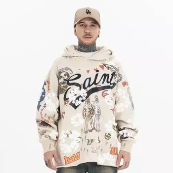 Американский стиль Мужская уличная одежда осень-зима с капюшоном Модная повседневная толстовка с граффити Винтажная свободная толстовка с капюшоном L