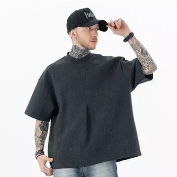 Американский стиль Мужская уличная одежда весна-лето однотонная свободная повседневная футболка с заниженной линией плеч с коротким рукавом и круглым вырезом M