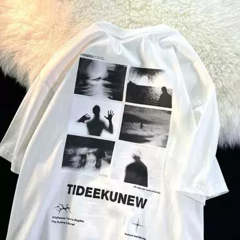 Американский стиль Ретро Чувство дизайна Футболка с темным пейзажем и принтом для мужчин и женщин Летняя мода Тенденция уличной одежды Топ с короткими рукавами для пар Harajuku S белый