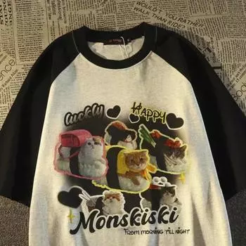 Футболка реглан из чистого хлопка с милыми суши-кошками для мужчин и женщин. Летняя модная тенденция. Повседневная свободная удобная пара контрастных цветов. Топ с короткими рукавами Harajuku. S красный