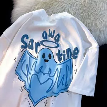 Американский стиль ретро мультфильм милый маленький призрак футболка с принтом для мужчин и женщин летняя мода тенденция чувство дизайна пара топ с короткими рукавами Harajuku M белый