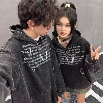 Американский стиль старый выстиранный свитер с капюшоном для пары свободный принт с птицами толстовка с капюшоном для мужчин мода M чёрный