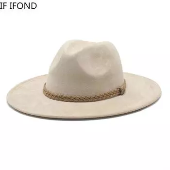 Американский стиль, женская и мужская замшевая винтажная фетровая шляпа-федора в стиле трилби с широкими полями 8,5 см, ковбойская шляпа в стиле вестерн, зимние джазовые кепки 56-58CM