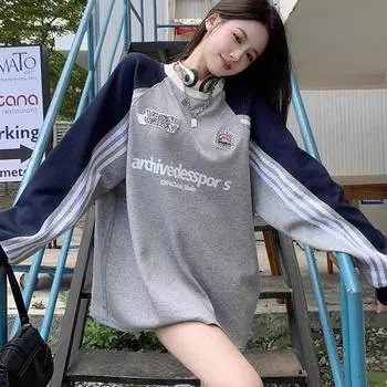 Американский свитер больших размеров с полосатыми вставками и круглым вырезом, модный топ с длинными рукавами и объемным буквенным принтом S серый