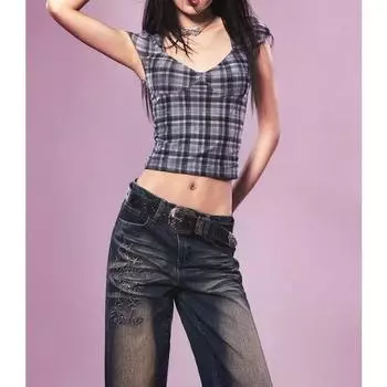 Американский топ, женские летние 2024, открытая спина и нагрудник, шикарная простая футболка для девочек Y2k, сексуальные модные повседневные красные, черные клетчатые футболки S синий
