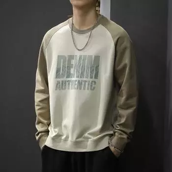 Американский тяжелый ретро контрастный цвет сращивания круглый вырез свитер мужской свободный большой размер модный брендовый принт пуловер куртка модный M