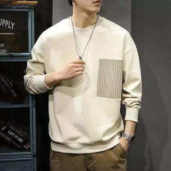 Американский тяжелый ретро-сращивание круглый вырез свитер мужской свободный большой размер осень и зима Tide бренд повседневная спортивная нижняя рубашка куртка M чёрный