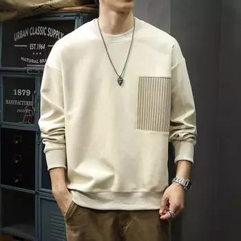 Американский тяжелый ретро-сращивание круглый вырез свитер мужской свободный большой размер модный бренд повседневный спортивный низ рубашка куртка M чёрный