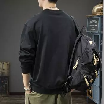 Американский тяжелый ретро тренд сращивание длинный рукав свитер мужской свободный большой размер повседневный круглый вырез пуловер куртка Tide M чёрный