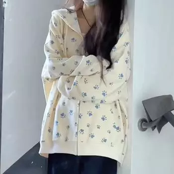 Американский тяжелый свитшот женский осенний новый принт собачьей лапы капюшон большой размер свободная куртка на молнии тонкий бархат плюс S