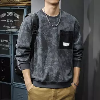 Американский уличный граффити с принтом и покраской свитер для мужчин, осенний трендовый бренд, хулиган, красивый карман, топ с длинными рукавами, свободная рубашка с круглым вырезом M чёрный