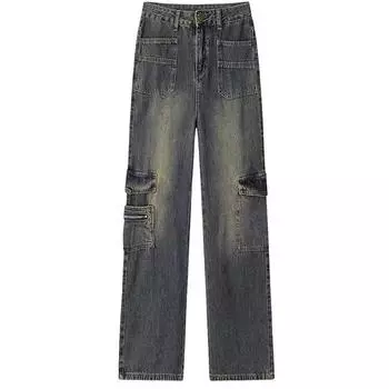 Американский уличный комбинезон больших размеров, женские джинсы;весенне-осенние свободные тонкие брюки с высокой талией и широкими штанинами. M