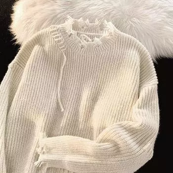 Американский уличный свитер с длинными рукавами и рваными краями для мужчин, модный, милый и стильный дизайн, стиль для пар, свободный и универсальный свитер S