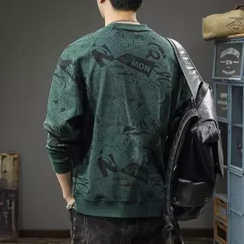 Американский уличный трендовый бренд, полный букв, свитер, мужской дизайн, плотное свободное пальто с круглым вырезом S темно-зеленого