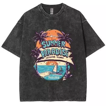 Американский винтаж принт кокосовой пальмы пляж женская футболка унисекс оверсайз свободная стирка короткий рукав базовая футболка S