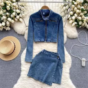 Американский винтажный джинсовый костюм, весенняя одежда, женский кардиган на молнии, верхняя одежда, универсальный дизайн, юбка Sense, комплект из двух предметов S синий