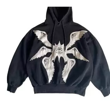 Американский винтажный Harajuku High Street Eye Embroidered Мужская толстовка с капюшоном Женская спортивная рубашка Y2K Повседневная уличная толстовка с капюшоном S