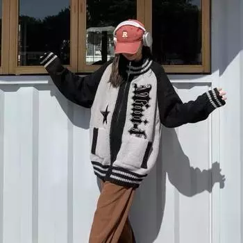 Американский винтажный кардиган на молнии, женский уличный свитер Y2k, серый свитер с вышивкой звезд, Mujer, Harajuku, готические вязаные топы, осень M серый