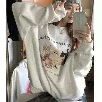 Американский винтажный мультяшный свитшот Осенний свободный тонкий женский свитшот с длинным рукавом Повседневный пуловер Harajuku y2k Свитшот M