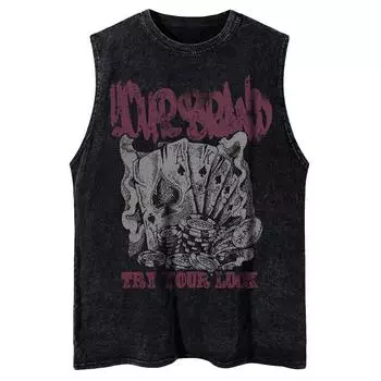 Американский винтажный принт покер, выстиранный хлопок, майки для спортзала, мужская повседневная футболка с коротким рукавом, свободная, оверсайз, лето M