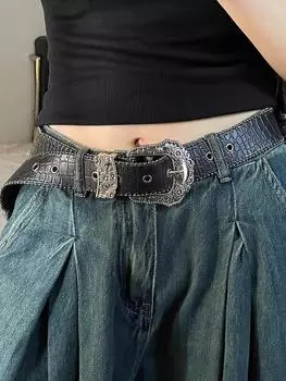 Американский винтажный ремень, женский ремень с крокодиловым узором, ретро общественный ремень, универсальный корейский стиль, популярная девушка в стиле хип-хоп чёрный