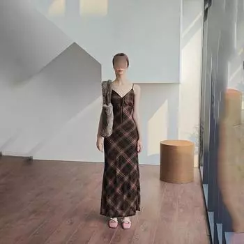 Американский винтажный стиль сублимационная печать шнуровка V-образный вырез платье-майка женское летнее приталенное стройнящее темперамент длинное платье S- (can be worn within 45kg)