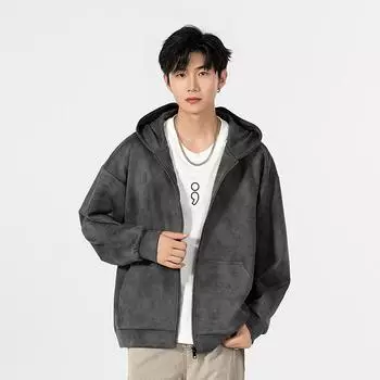 Американский винтажный свитер мужской с капюшоном весна-осень свободный подростковый студенческий кардиган верхняя куртка M чёрный