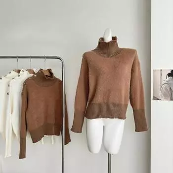 Американский зимний новый женский трикотажный топ свитер нишевый дизайн пуговицы водолазка длинный рукав простые повседневные свитера женская одежда S слоновая кость