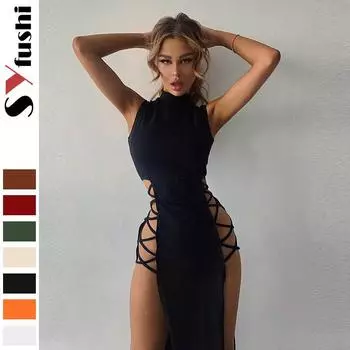 Американское летнее женское облегающее платье без рукавов с высоким воротом и разрезом 2XL