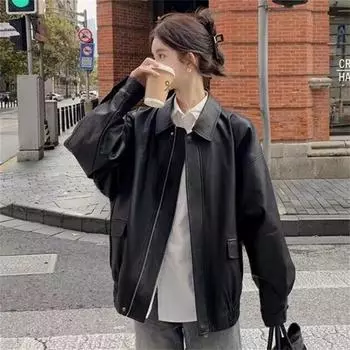 Американское ретро PU кожаное пальто женское весна осень высокая мода лацкан мотоциклетные женские топы куртка пальто плюс размер L чёрный